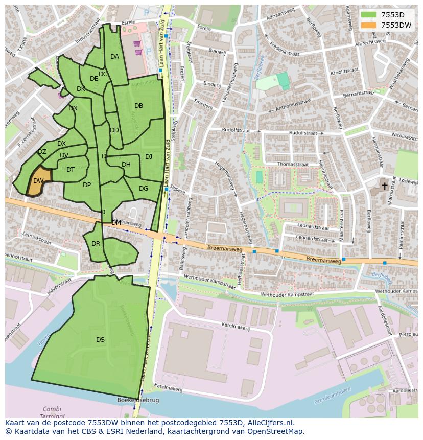 Afbeelding van het postcodegebied 7553 DW op de kaart.