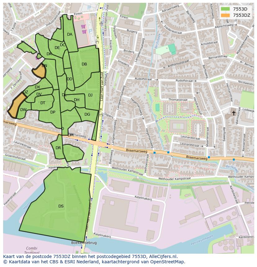 Afbeelding van het postcodegebied 7553 DZ op de kaart.