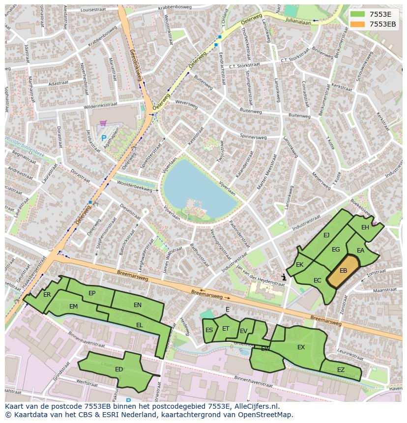 Afbeelding van het postcodegebied 7553 EB op de kaart.