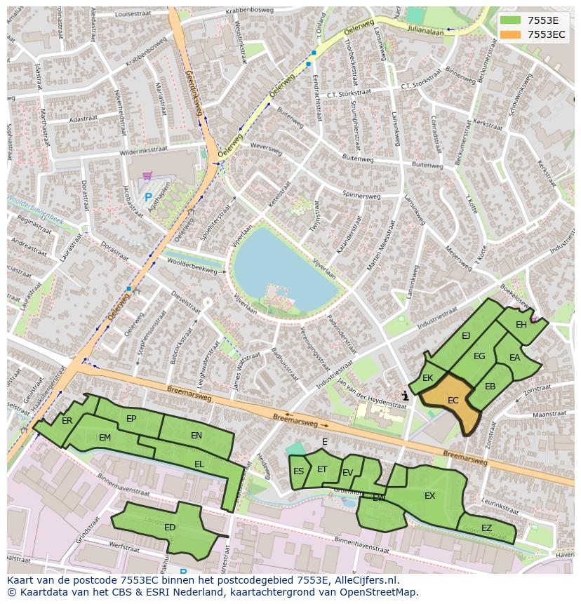 Afbeelding van het postcodegebied 7553 EC op de kaart.