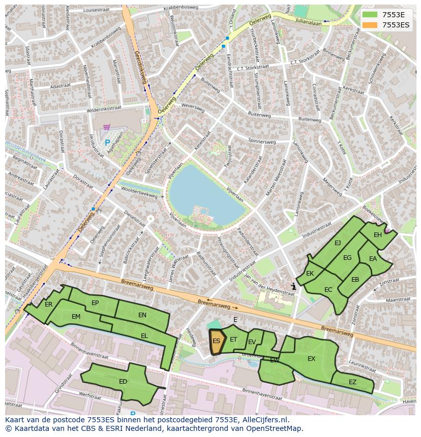 Afbeelding van het postcodegebied 7553 ES op de kaart.