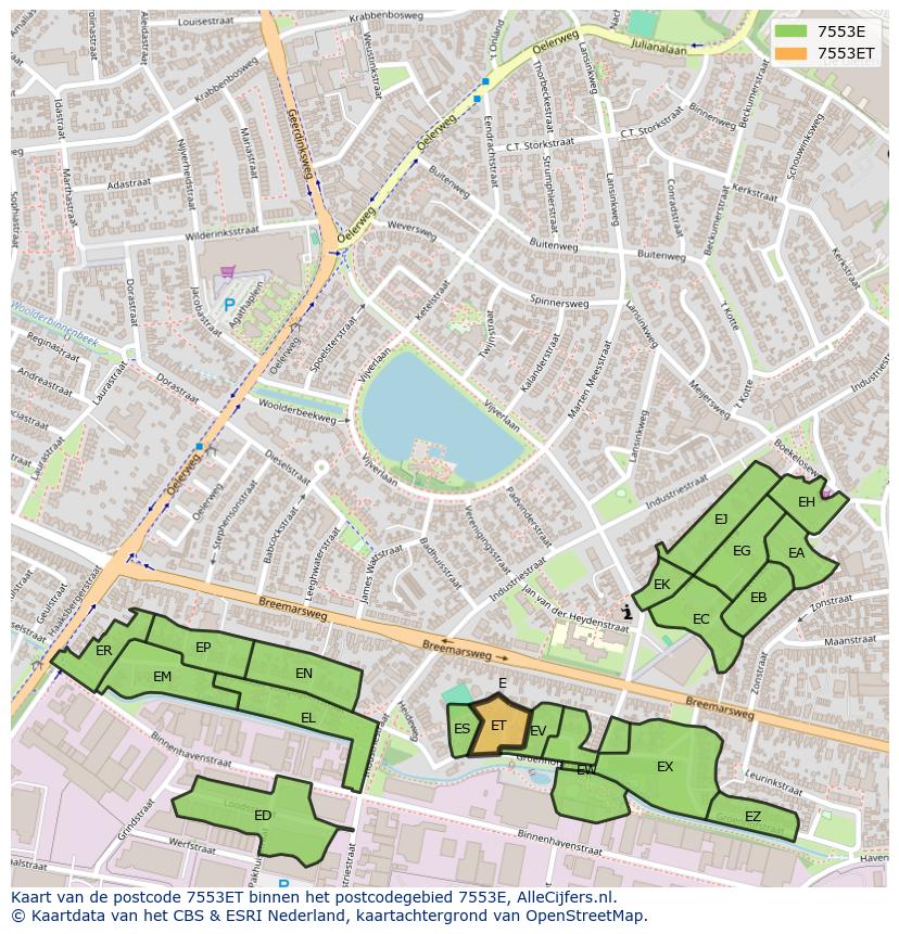 Afbeelding van het postcodegebied 7553 ET op de kaart.