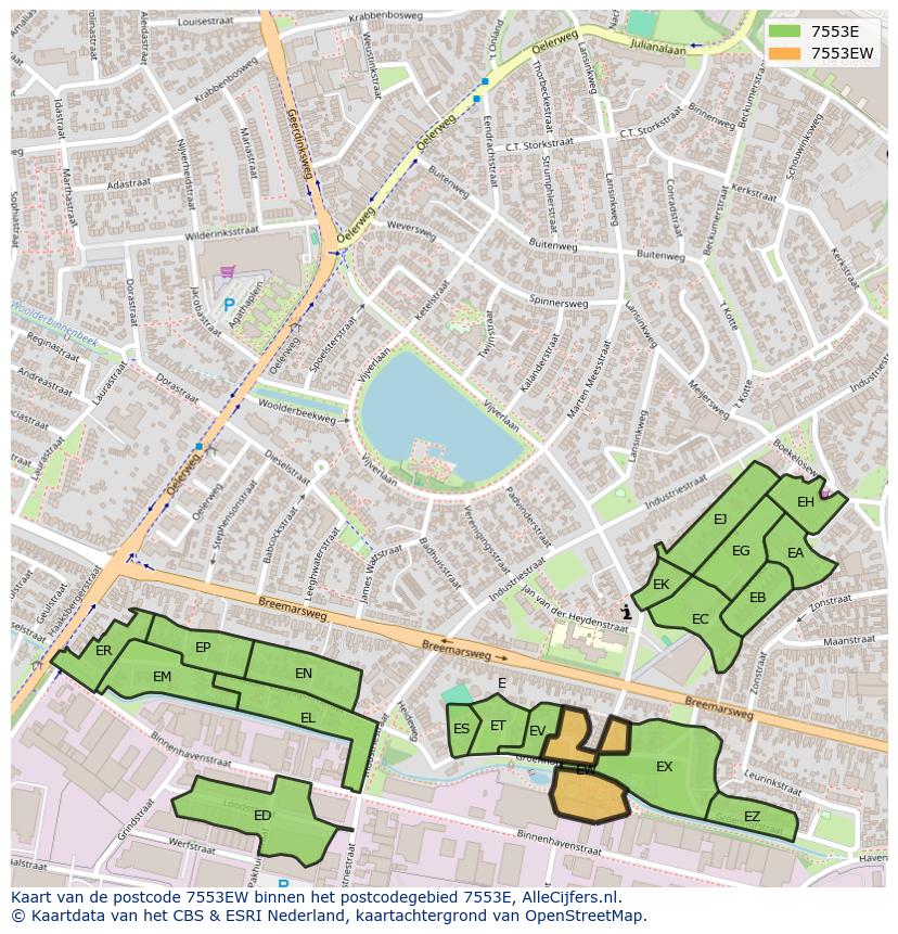 Afbeelding van het postcodegebied 7553 EW op de kaart.