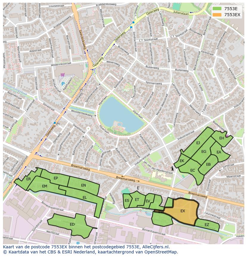 Afbeelding van het postcodegebied 7553 EX op de kaart.