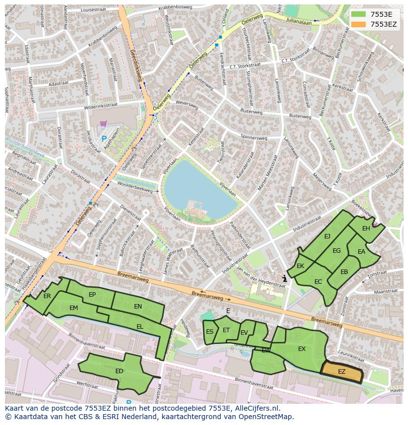 Afbeelding van het postcodegebied 7553 EZ op de kaart.
