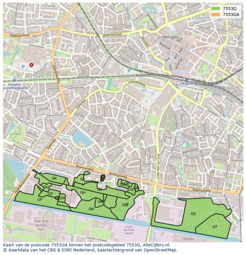 Afbeelding van het postcodegebied 7553 GA op de kaart.