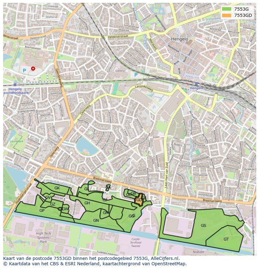 Afbeelding van het postcodegebied 7553 GD op de kaart.