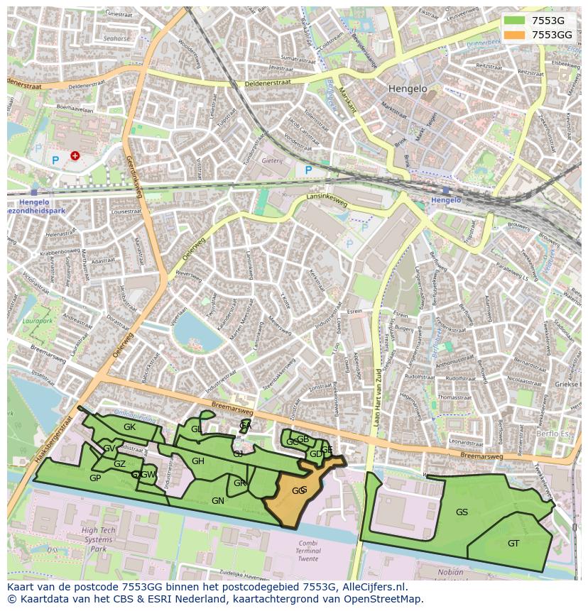 Afbeelding van het postcodegebied 7553 GG op de kaart.