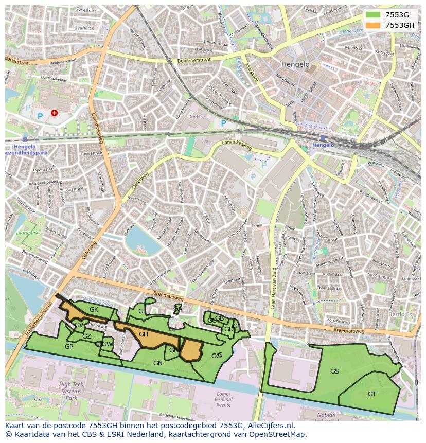 Afbeelding van het postcodegebied 7553 GH op de kaart.