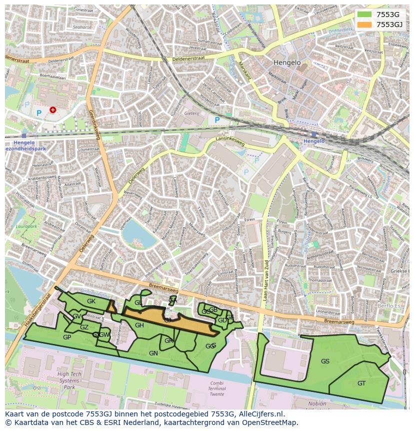 Afbeelding van het postcodegebied 7553 GJ op de kaart.