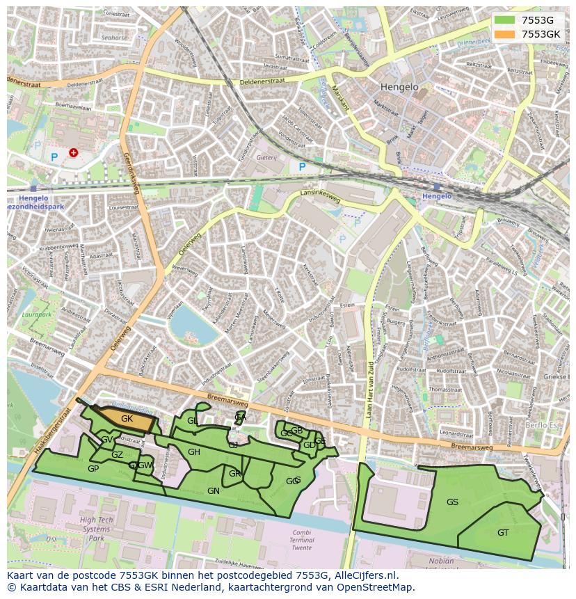 Afbeelding van het postcodegebied 7553 GK op de kaart.