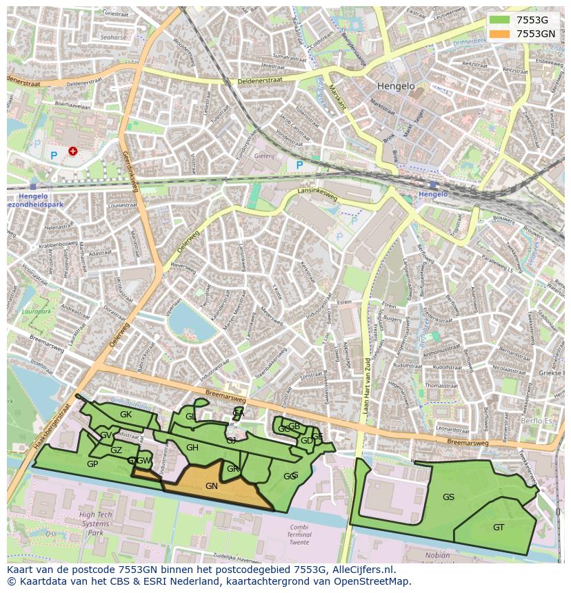 Afbeelding van het postcodegebied 7553 GN op de kaart.
