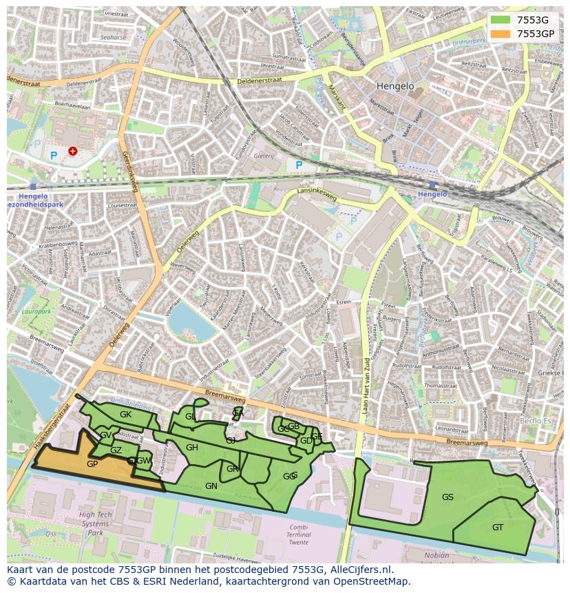 Afbeelding van het postcodegebied 7553 GP op de kaart.