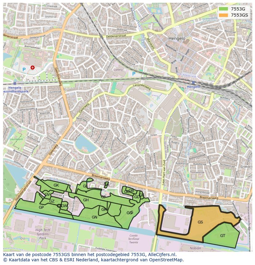 Afbeelding van het postcodegebied 7553 GS op de kaart.