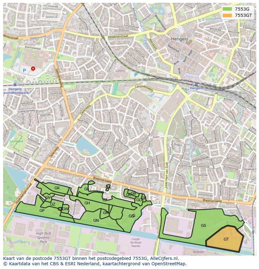 Afbeelding van het postcodegebied 7553 GT op de kaart.