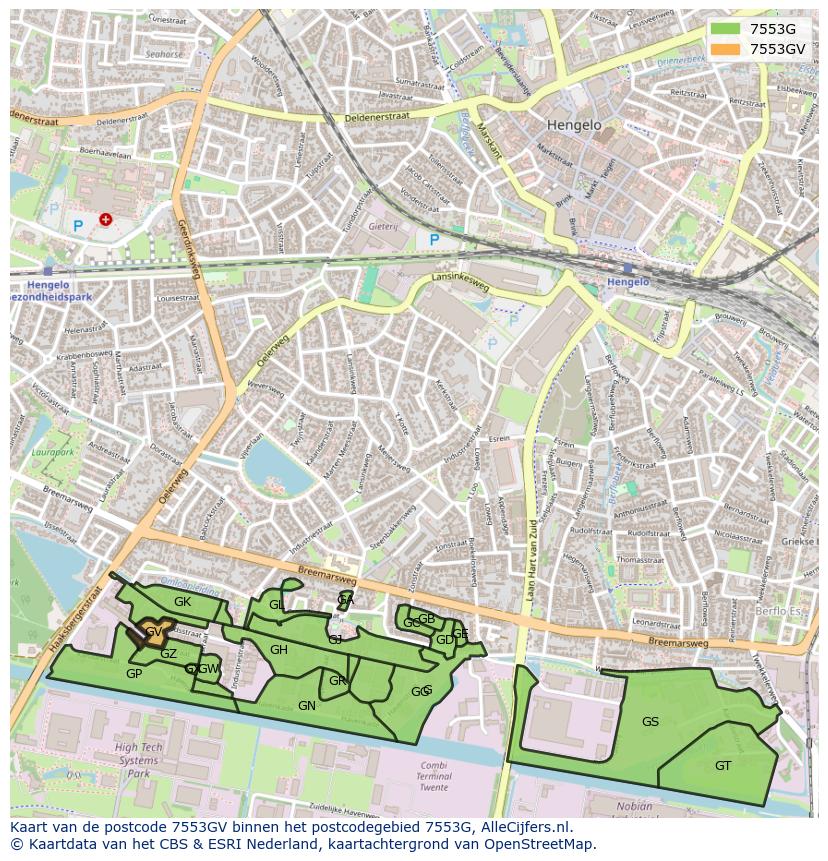 Afbeelding van het postcodegebied 7553 GV op de kaart.