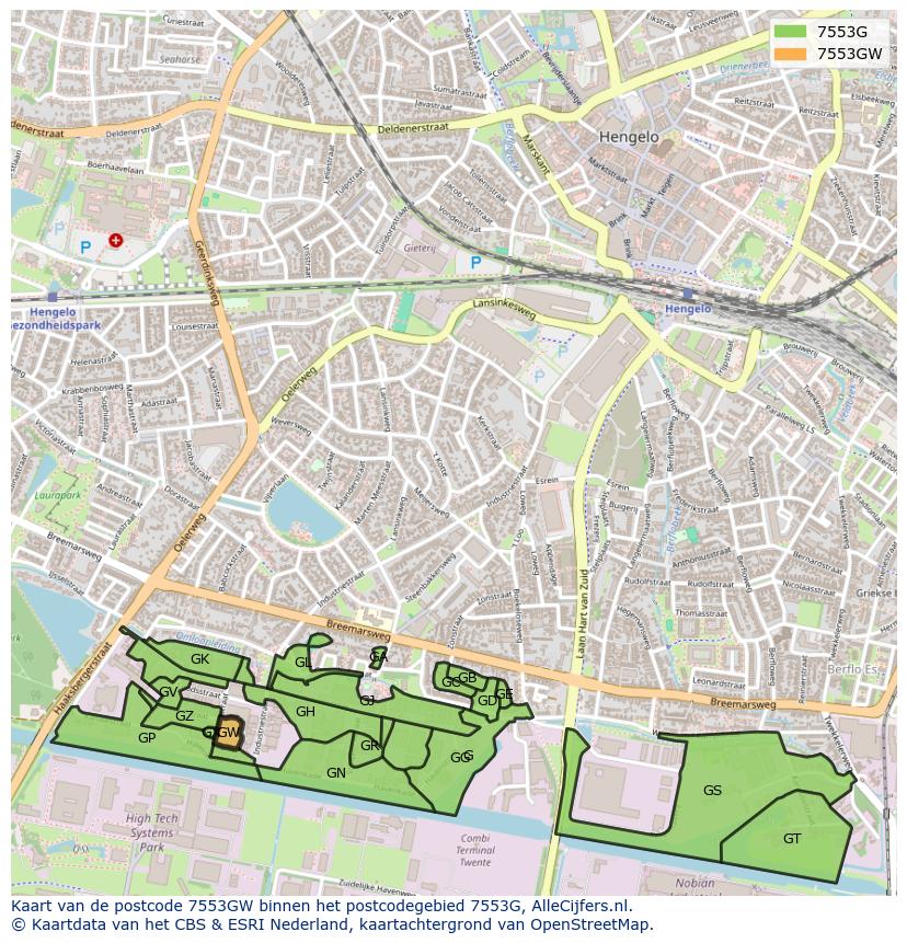 Afbeelding van het postcodegebied 7553 GW op de kaart.