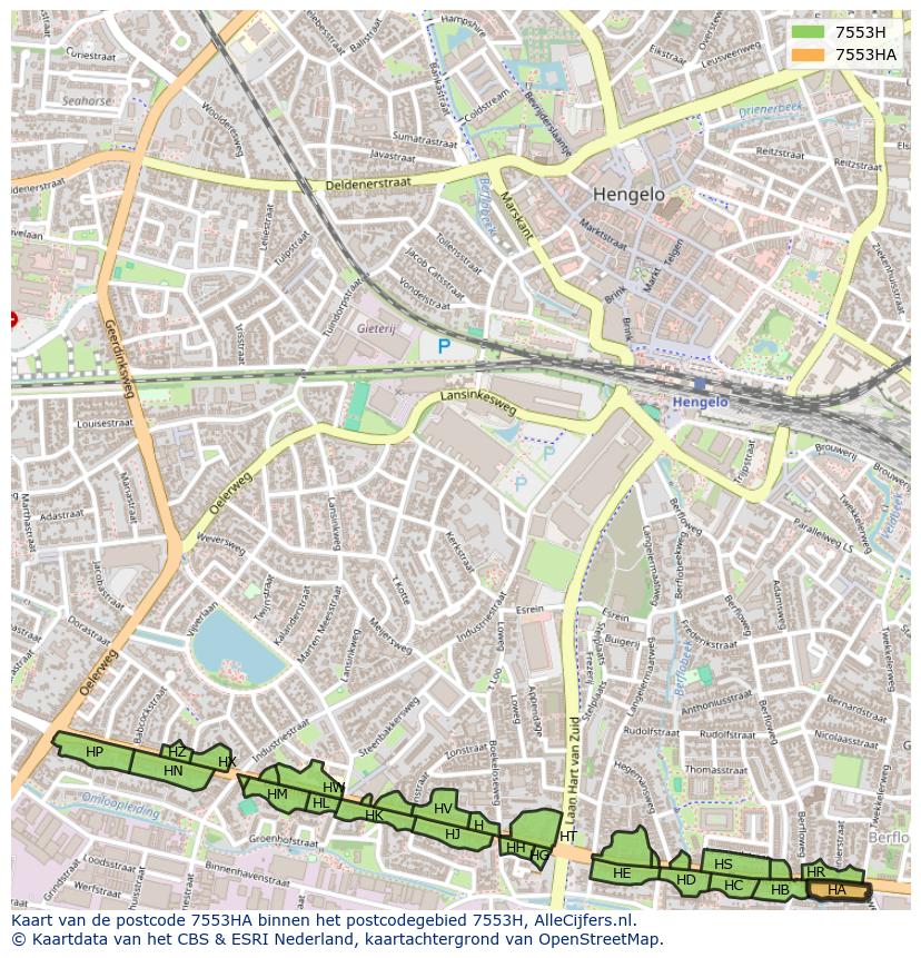 Afbeelding van het postcodegebied 7553 HA op de kaart.