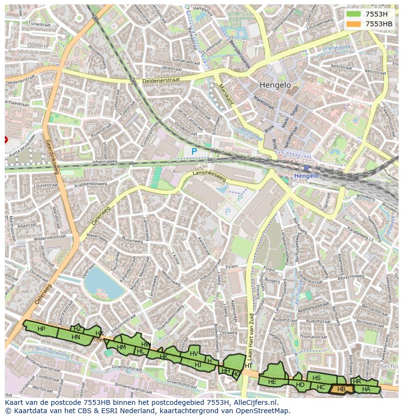 Afbeelding van het postcodegebied 7553 HB op de kaart.