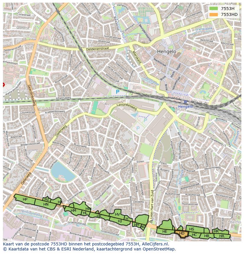 Afbeelding van het postcodegebied 7553 HD op de kaart.