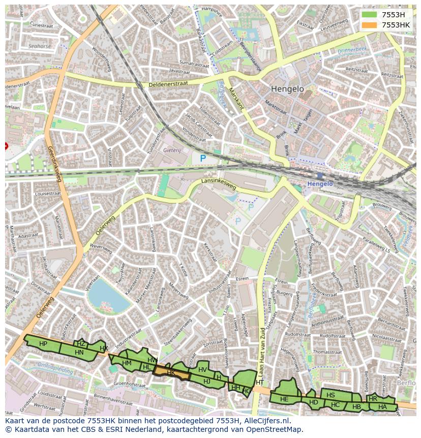 Afbeelding van het postcodegebied 7553 HK op de kaart.