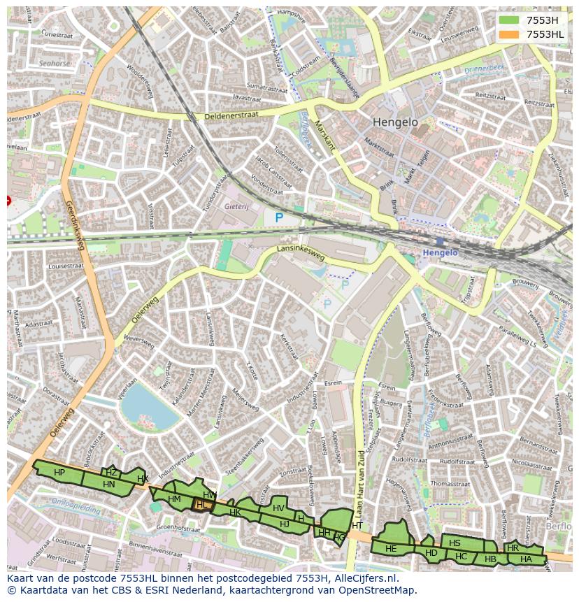Afbeelding van het postcodegebied 7553 HL op de kaart.
