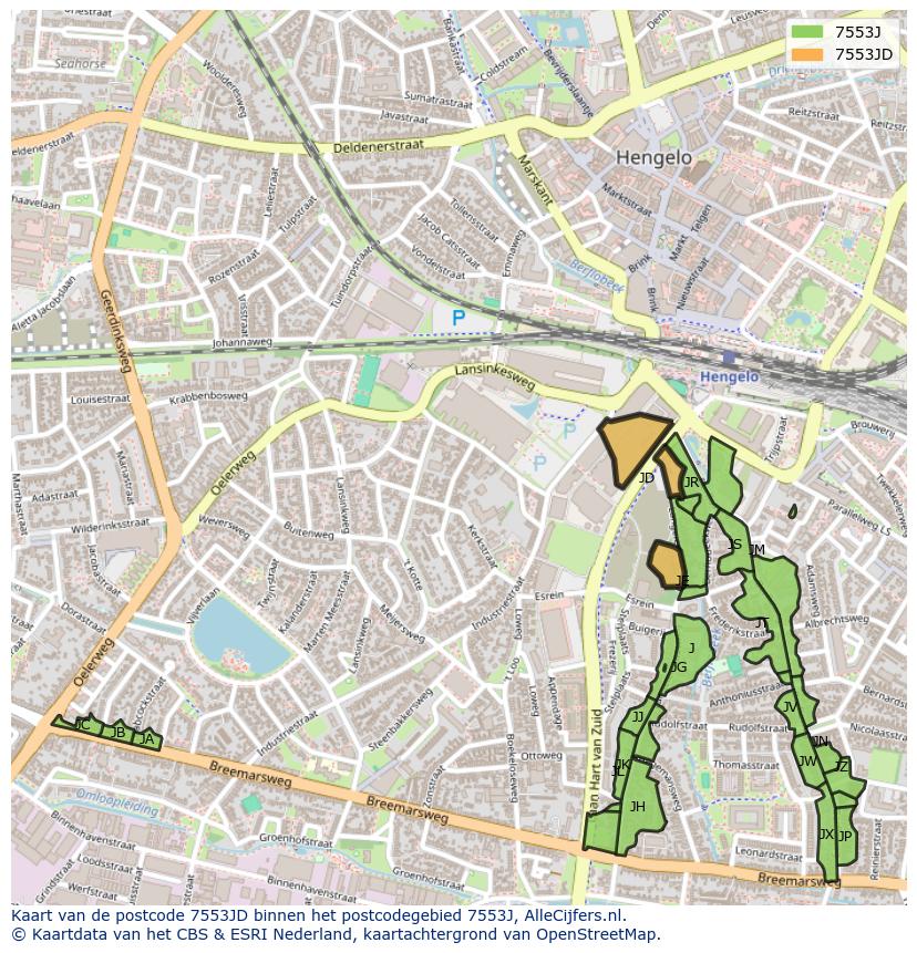 Afbeelding van het postcodegebied 7553 JD op de kaart.