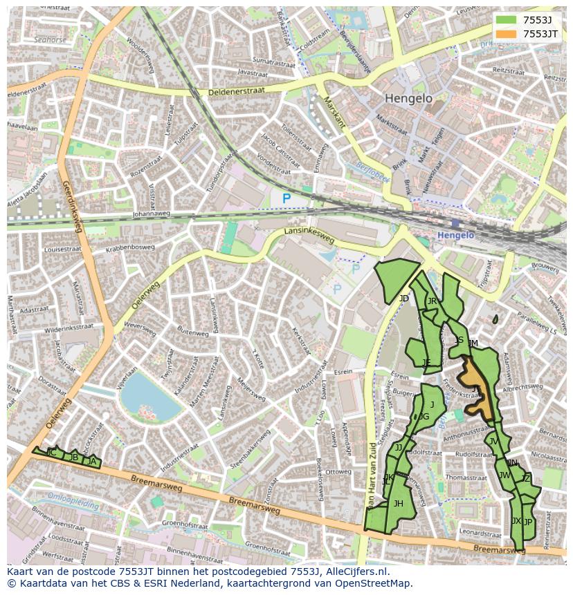 Afbeelding van het postcodegebied 7553 JT op de kaart.