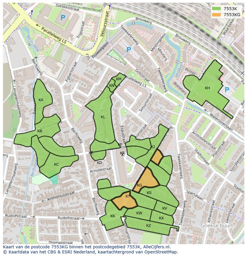 Afbeelding van het postcodegebied 7553 KG op de kaart.