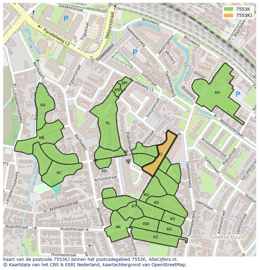 Afbeelding van het postcodegebied 7553 KJ op de kaart.