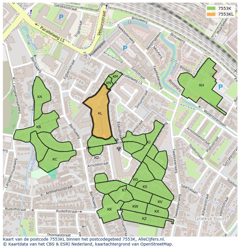 Afbeelding van het postcodegebied 7553 KL op de kaart.