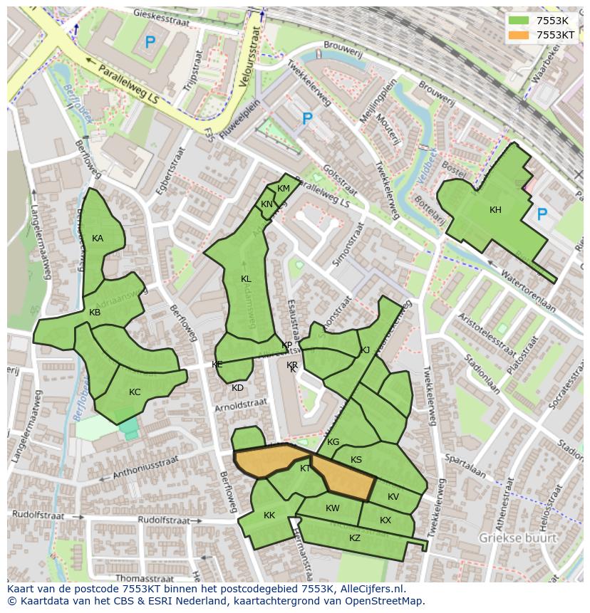 Afbeelding van het postcodegebied 7553 KT op de kaart.