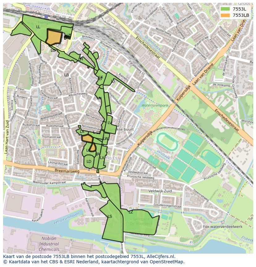 Afbeelding van het postcodegebied 7553 LB op de kaart.