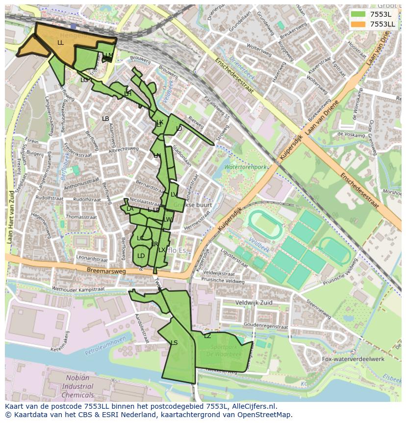 Afbeelding van het postcodegebied 7553 LL op de kaart.