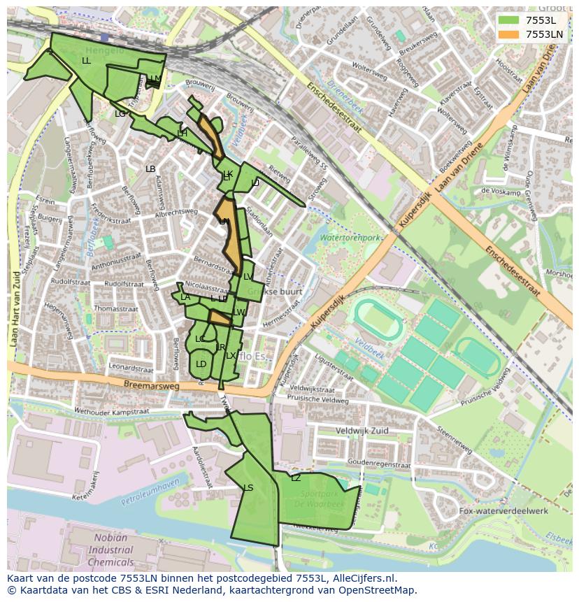 Afbeelding van het postcodegebied 7553 LN op de kaart.