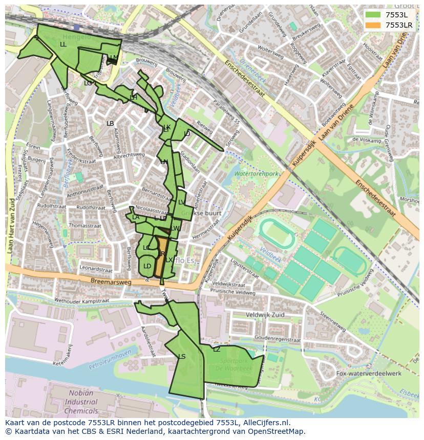 Afbeelding van het postcodegebied 7553 LR op de kaart.