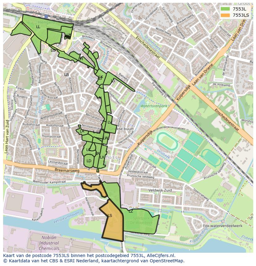 Afbeelding van het postcodegebied 7553 LS op de kaart.