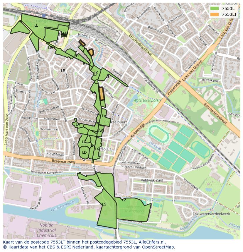 Afbeelding van het postcodegebied 7553 LT op de kaart.