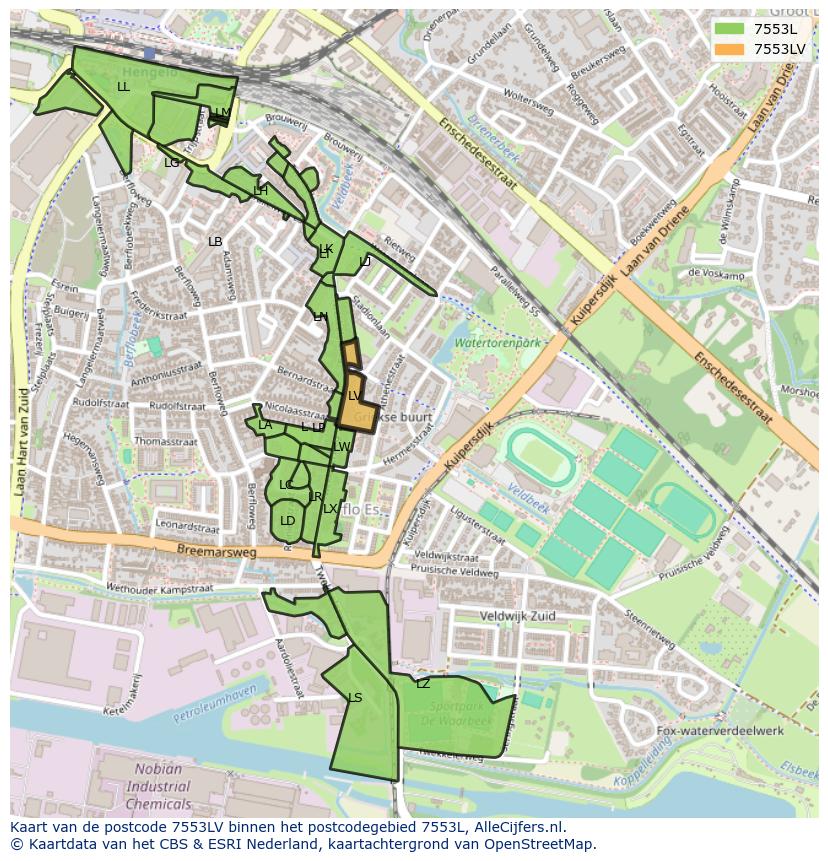 Afbeelding van het postcodegebied 7553 LV op de kaart.