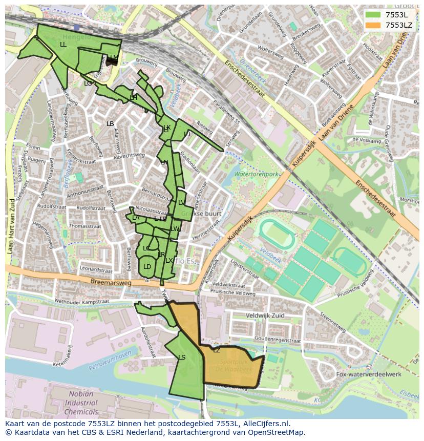 Afbeelding van het postcodegebied 7553 LZ op de kaart.