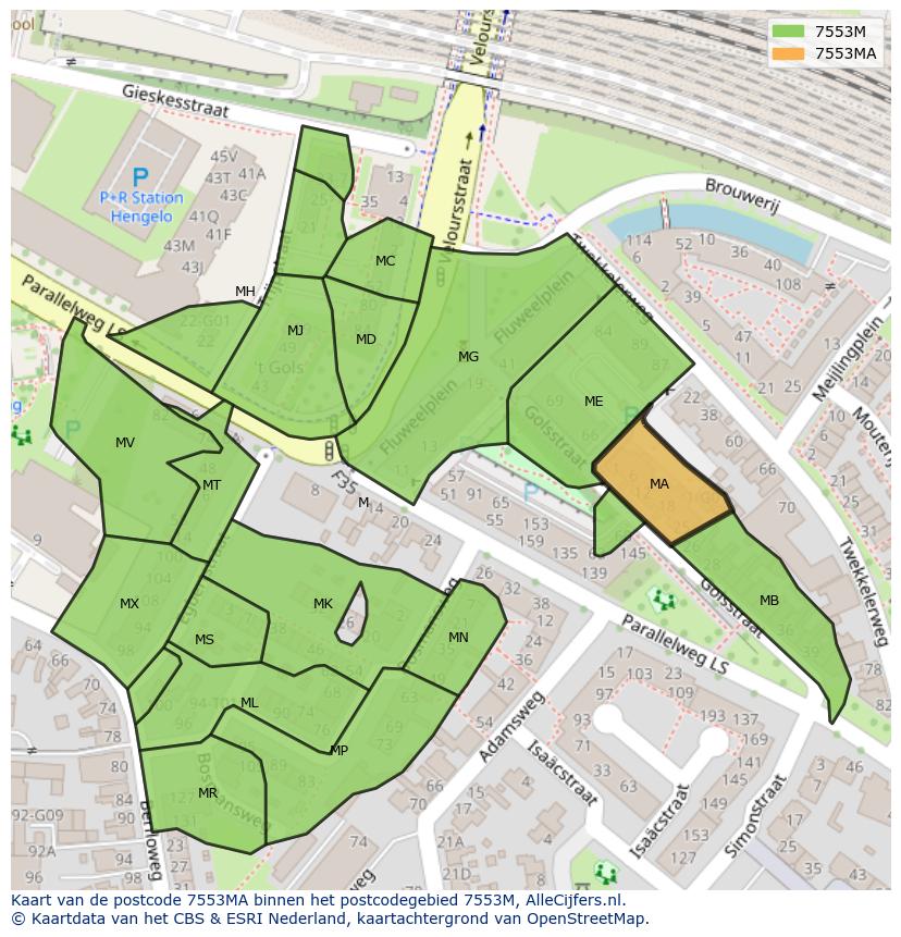 Afbeelding van het postcodegebied 7553 MA op de kaart.