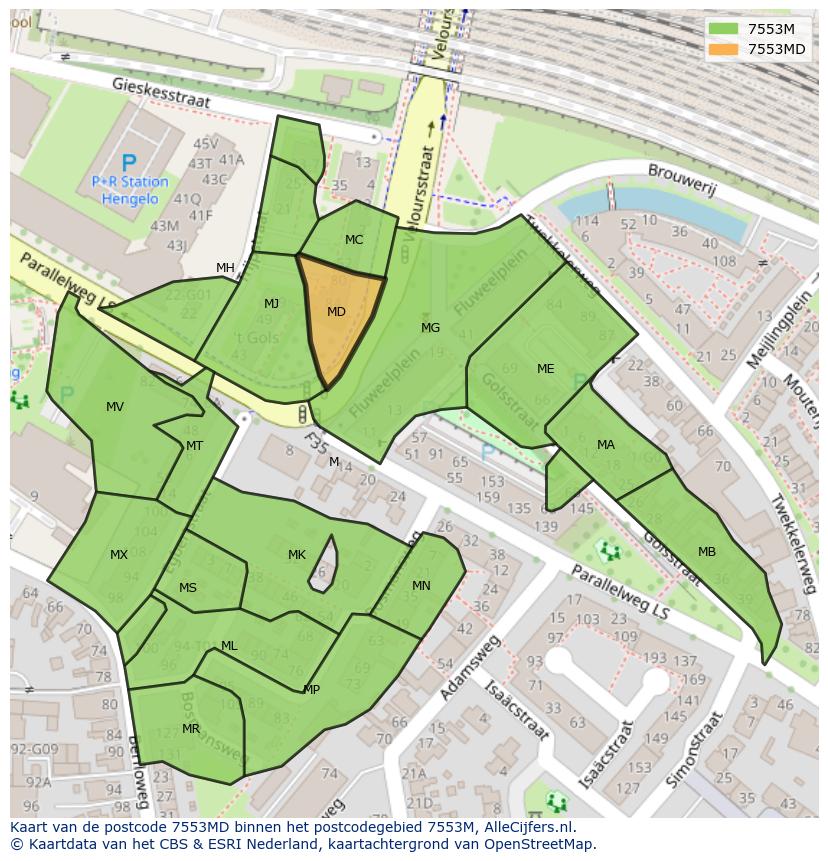 Afbeelding van het postcodegebied 7553 MD op de kaart.