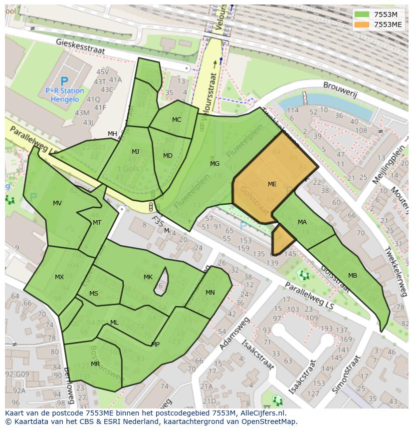 Afbeelding van het postcodegebied 7553 ME op de kaart.