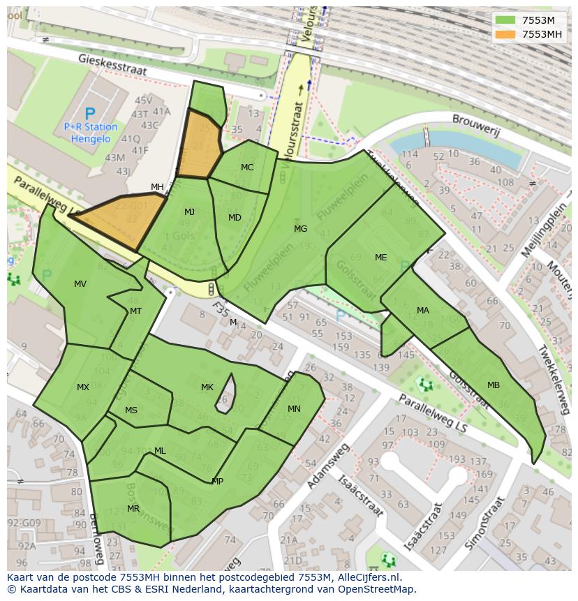 Afbeelding van het postcodegebied 7553 MH op de kaart.