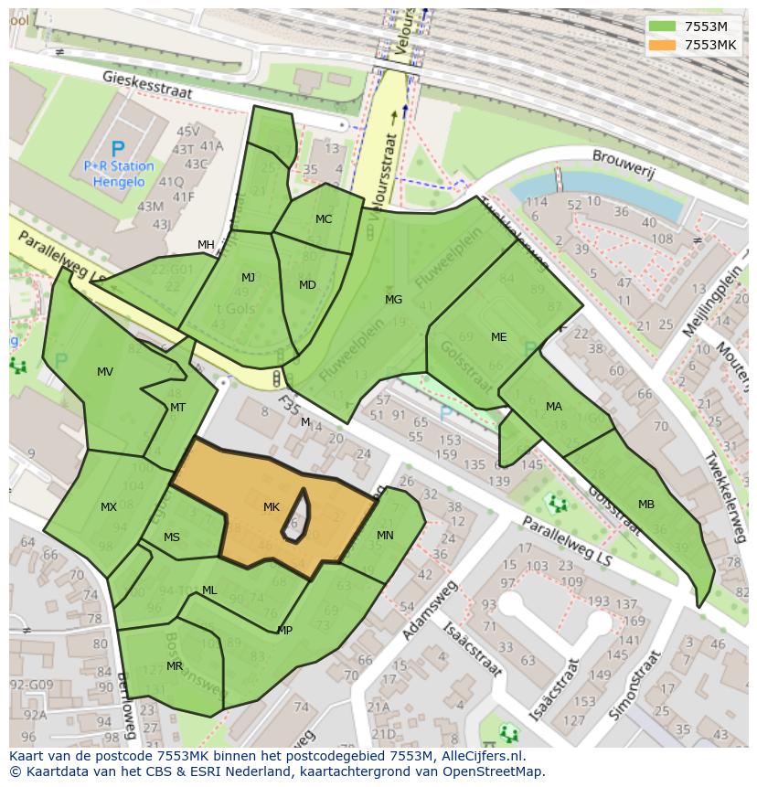 Afbeelding van het postcodegebied 7553 MK op de kaart.