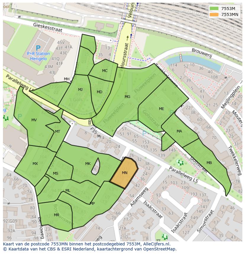 Afbeelding van het postcodegebied 7553 MN op de kaart.