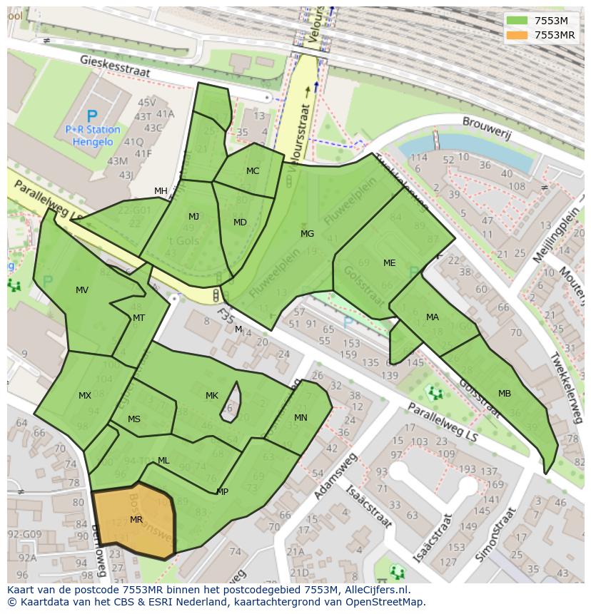 Afbeelding van het postcodegebied 7553 MR op de kaart.