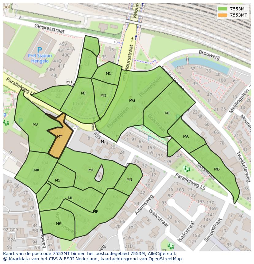 Afbeelding van het postcodegebied 7553 MT op de kaart.