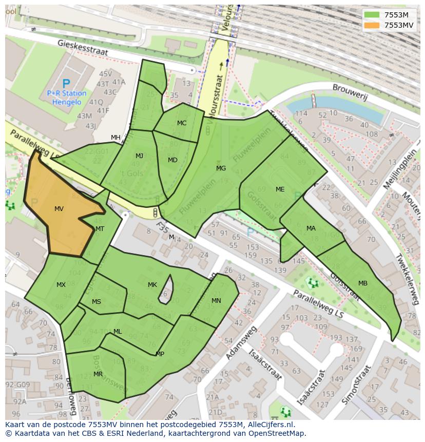 Afbeelding van het postcodegebied 7553 MV op de kaart.