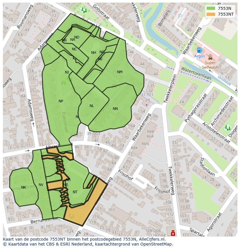 Afbeelding van het postcodegebied 7553 NT op de kaart.